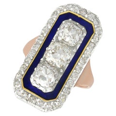 Antique 1830s 4.39 Carat Diamonds Blue Enamel and Rose Gold Cocktail Ring