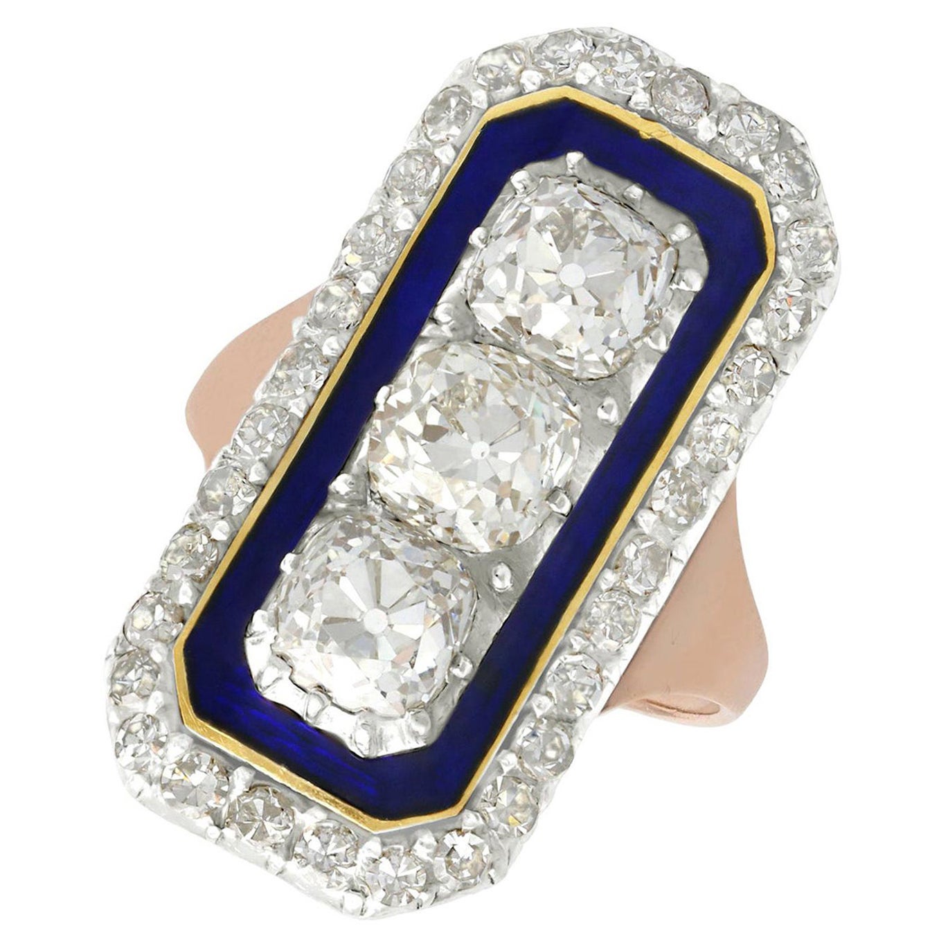 Antique 1830s 4.39 Carat Diamonds Blue Enamel and Rose Gold Cocktail Ring For Sale
