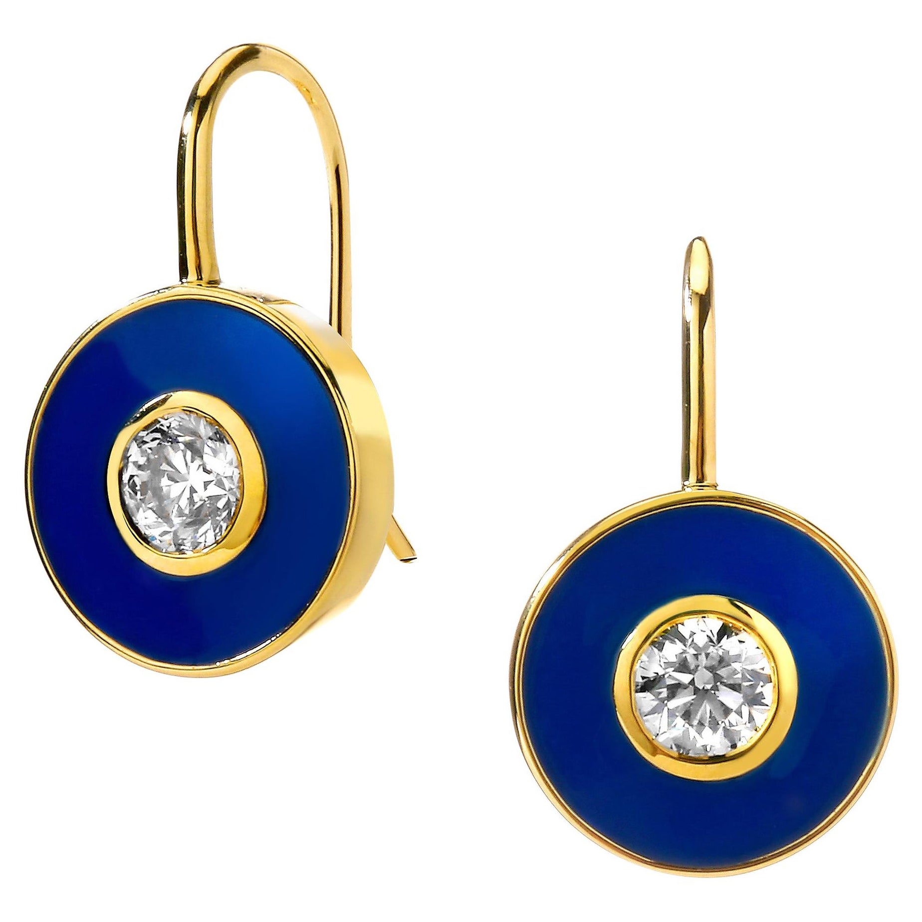 Syna Yellow Gold Diamond Blue Enamel Earrings For Sale