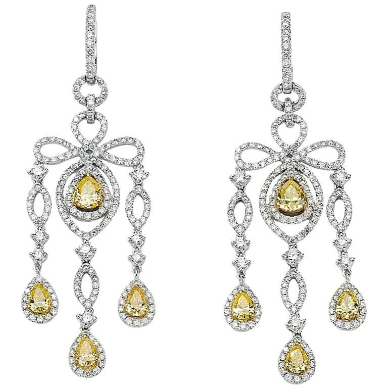 David Rosenberg 18kt White Gold White & Yellow Diamond Pear Chandelier Earrings