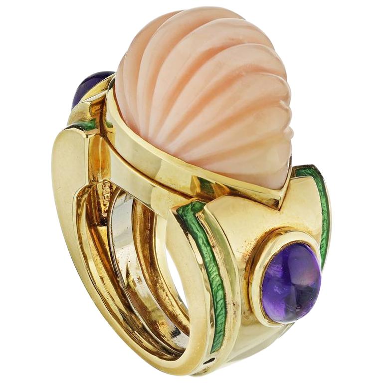 David Webb Yellow Gold Carved Coral Amethyst Enamel 1970s Ring