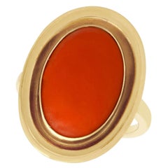 1940s Cabochon Cut Coral and 14K Yellow Gold Cocktail Ring