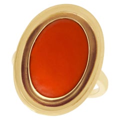 1940s Cabochon Cut Coral and 14K Yellow Gold Cocktail Ring
