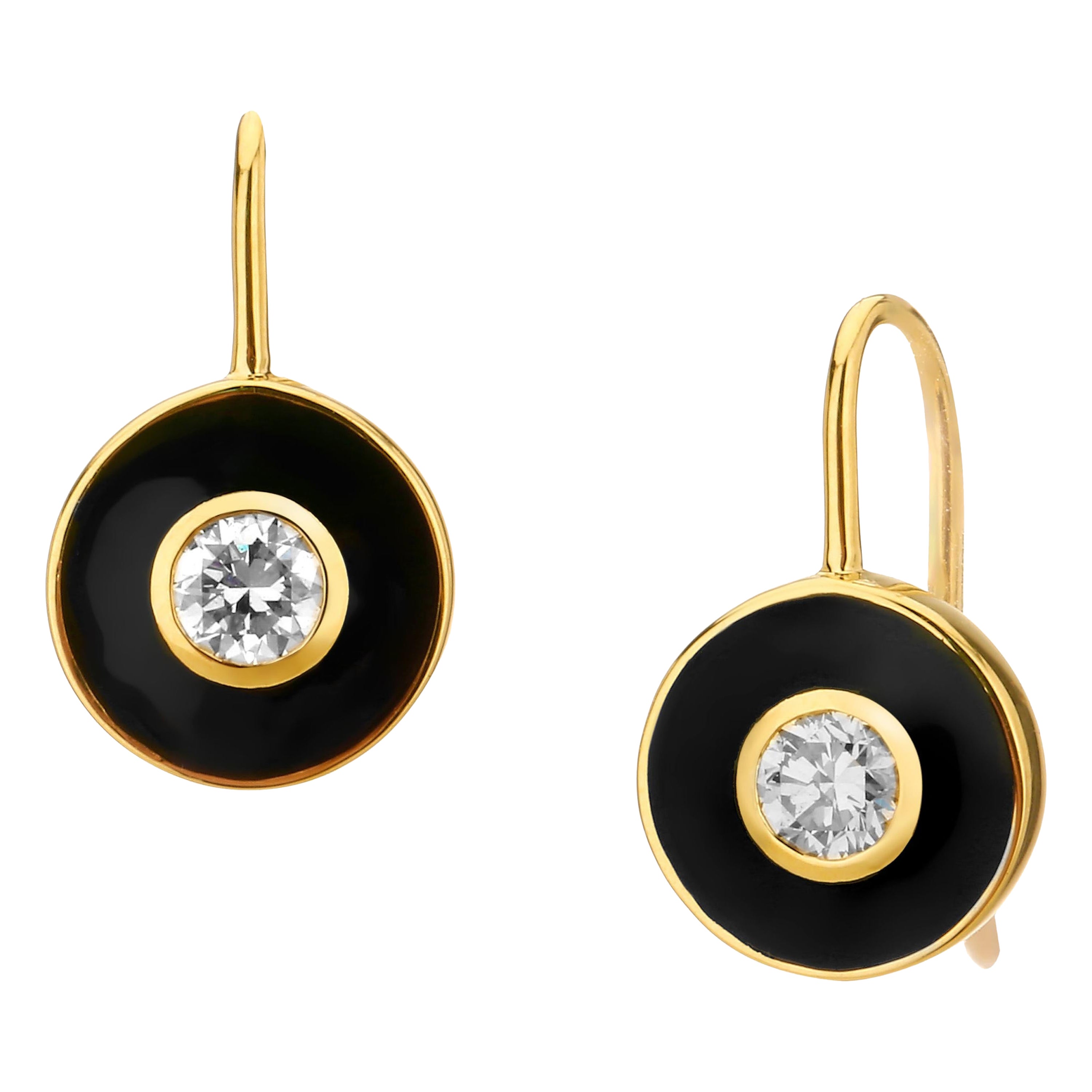 Syna Yellow Gold Diamond Black Enamel Disc Earrings For Sale