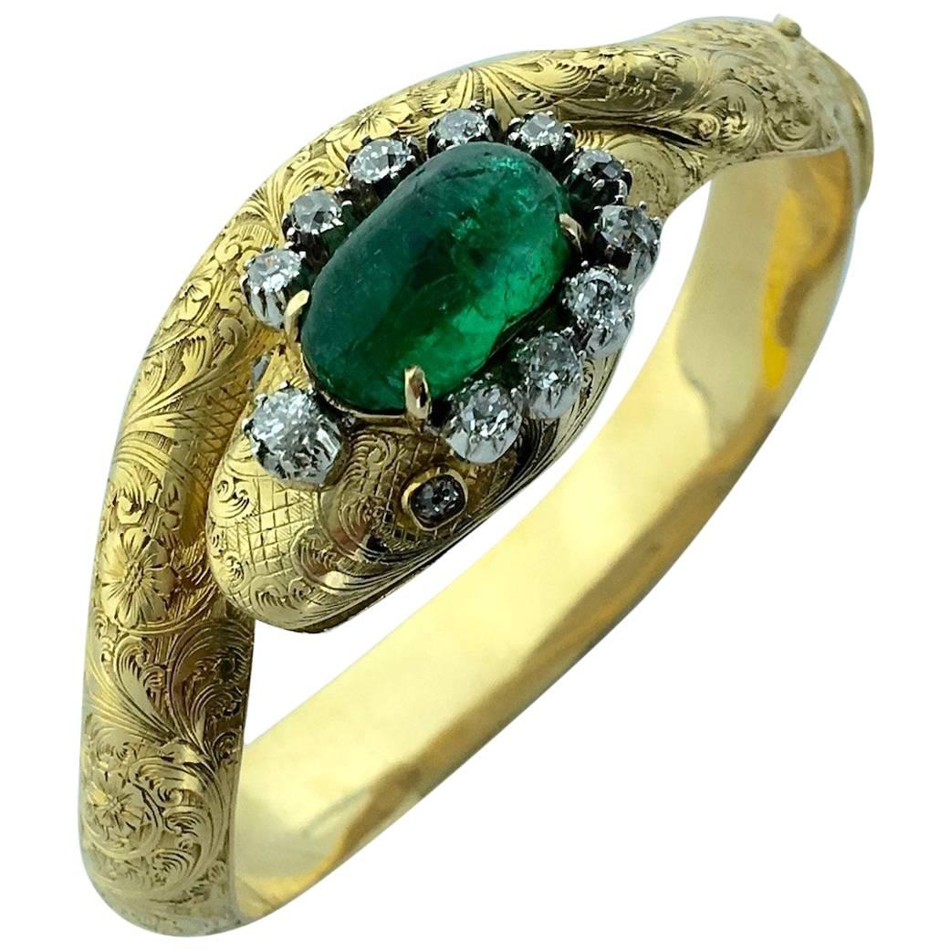Victorian Emerald Diamond Gold Serpent Snake Bangle Bracelet
