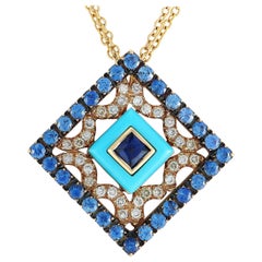 Carlo Barberis 18K Yellow Gold 0.35 ct Diamond, Sapphire and Turquoise Necklace
