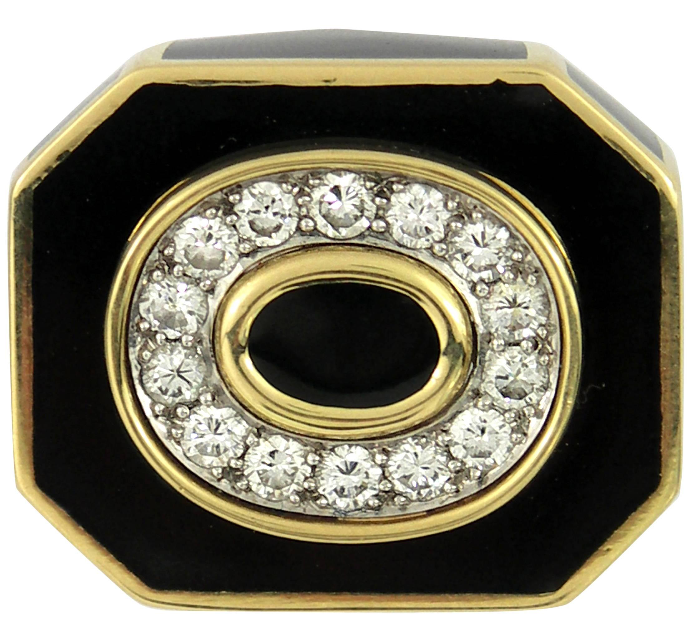 David Webb Black Enamel Diamond Gold Ring