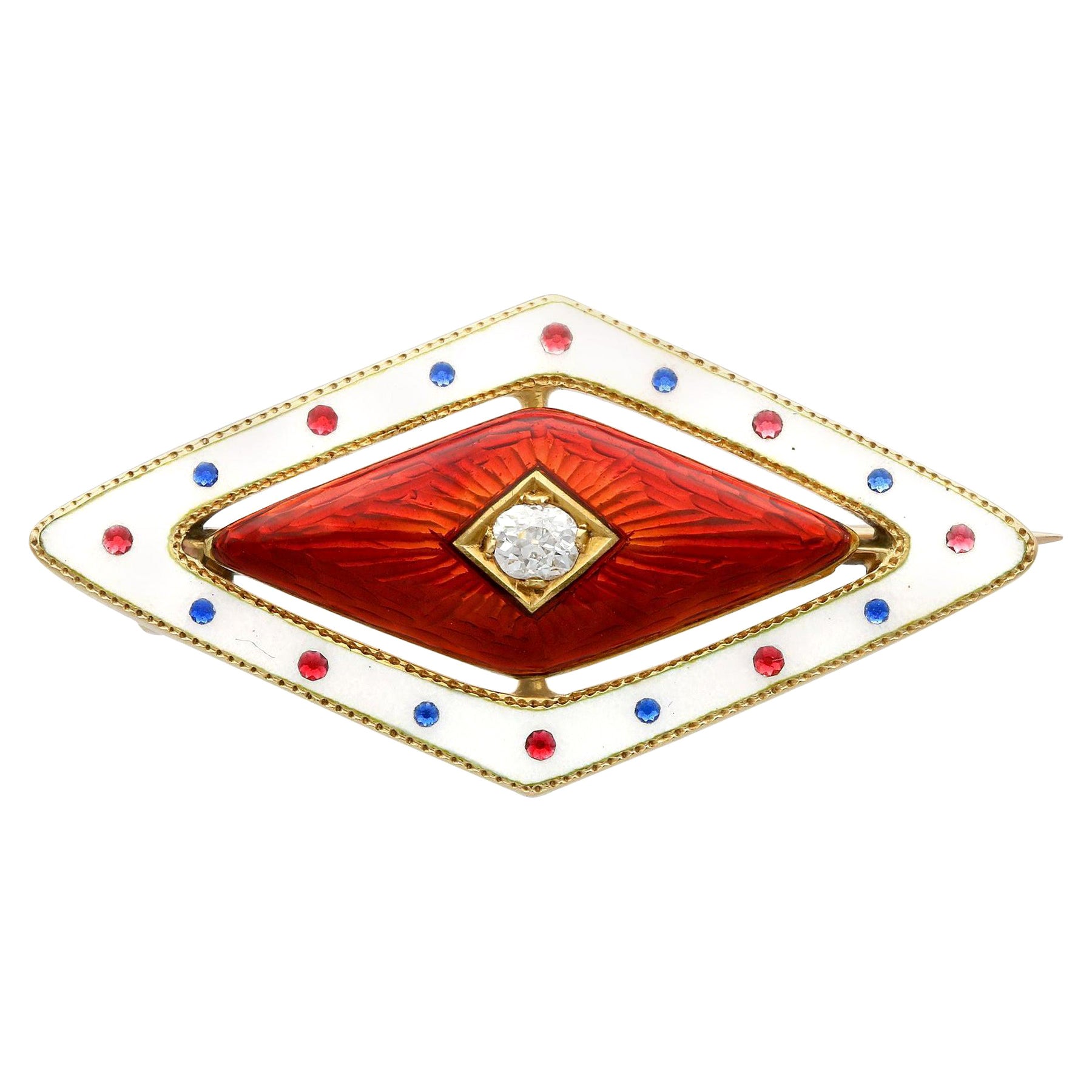 Antique Victorian Diamond and Enamel Yellow Gold Brooch For Sale