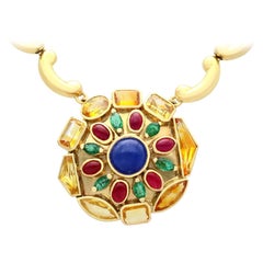 French Sapphire and Emerald Ruby and Yellow Gold Gemstone Necklace