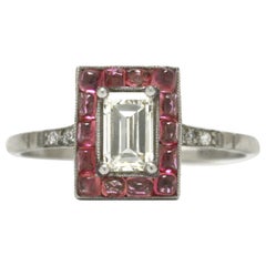 Emerald Cut Diamond Art Deco Style Engagement Ring 3/4 Carat Pink Sapphire Halo