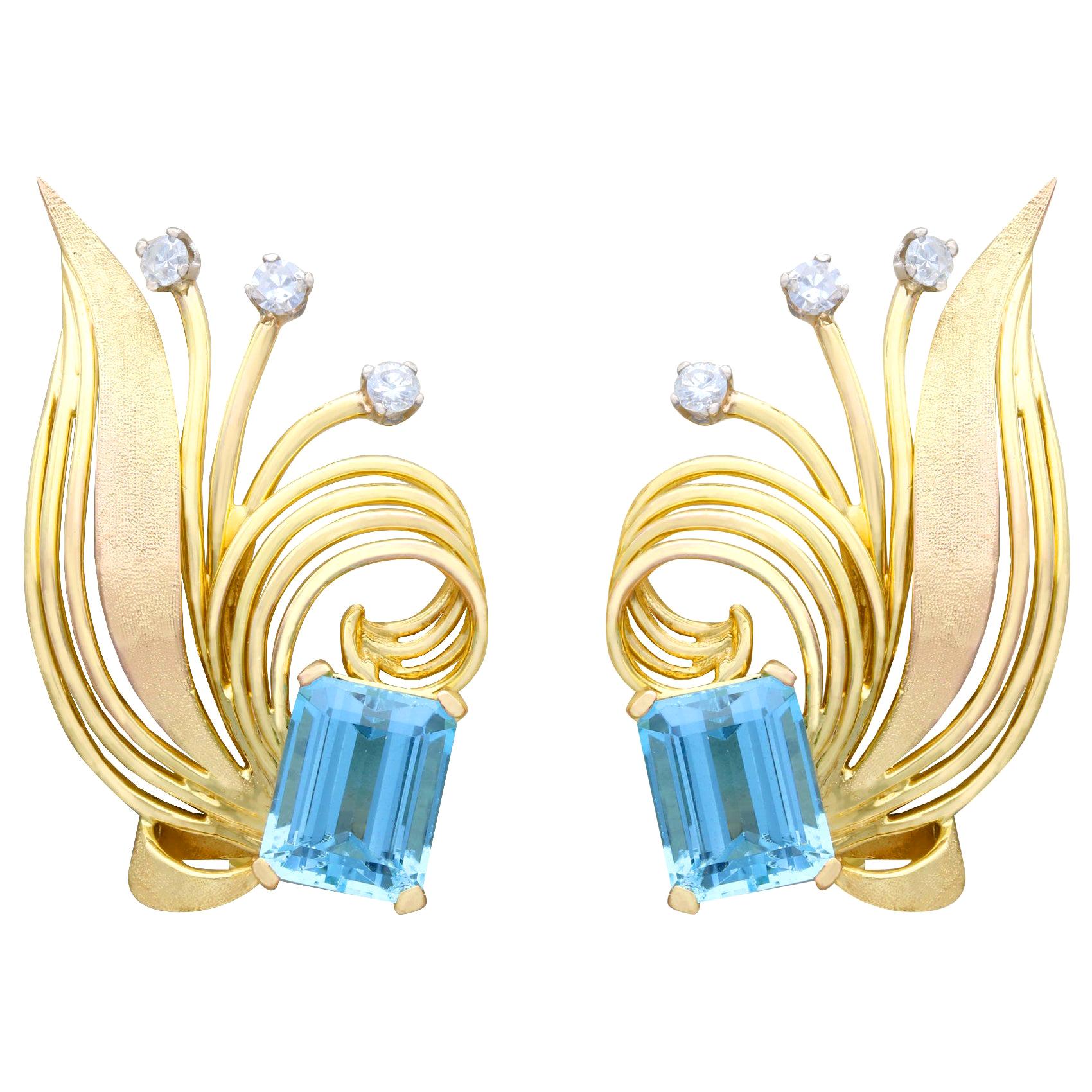 6.30 Carat Aquamarine and Diamond Yellow Gold Earrings Vintage, circa 1950 For Sale