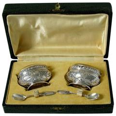 Bezon Gorgeous French Sterling Silver Vermeil Salt Cellars Pair w/Box Rococo