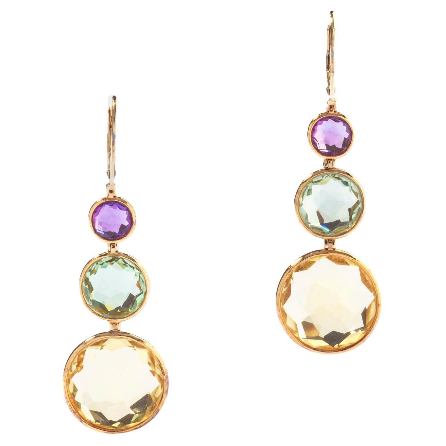 Citrine Amethyst Aquamarine Rose Cut Yellow Gold Earrings Ear Pendants For Sale