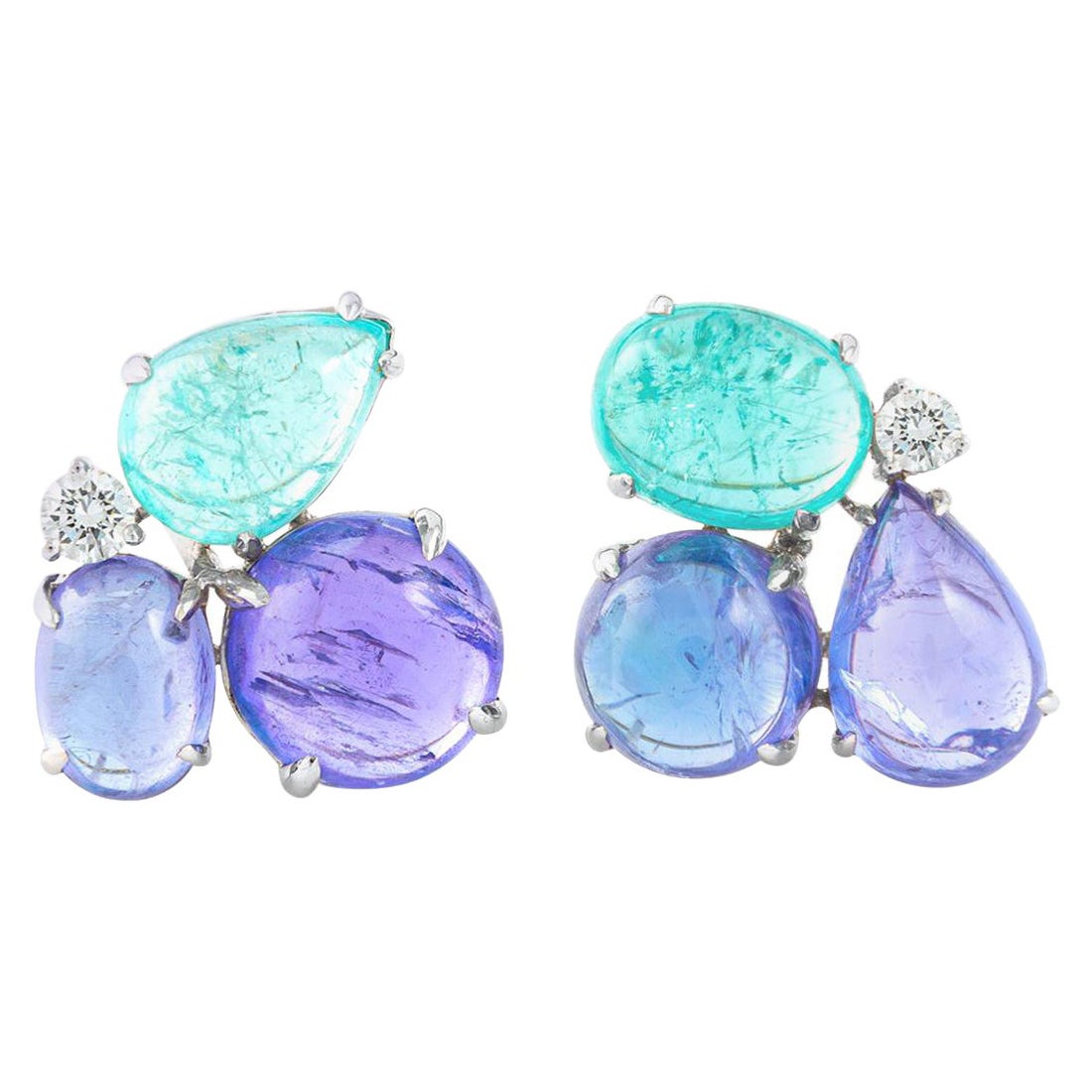 Tanzanite Aquamarine Cabochon Diamond Gold Earrings