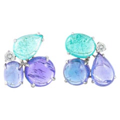 Tanzanite Aquamarine Cabochon Diamond Gold Earrings
