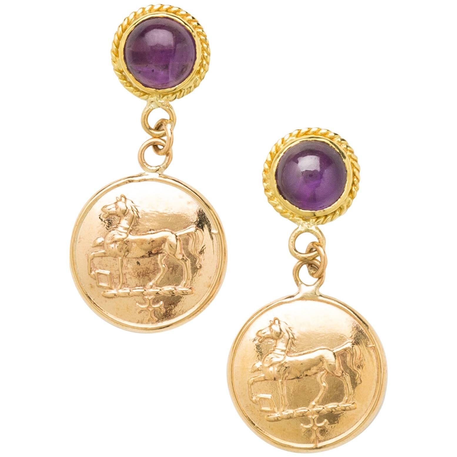 Equestrian Coin Drop Earrings with Amethyst Cabochons