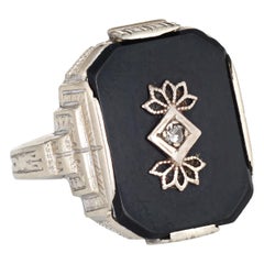 Antique Deco Onyx Diamond Ring 10 Karat White Gold Square Estate Fine Jewelry