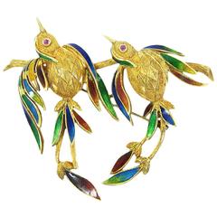 Colorful Enamel sapphire Gold Two Bird Brooch