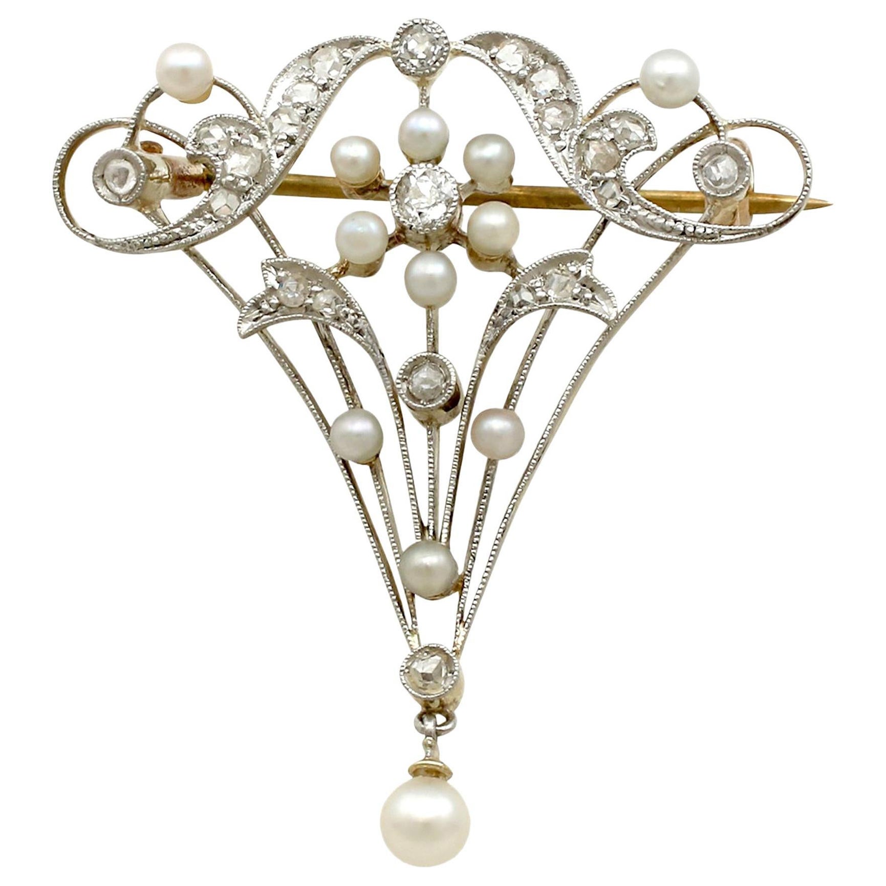 1890s Antique Diamond Pearl and Yellow Gold Brooch Belle Époque