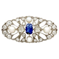 Antique 2.58 Carat Sapphire 2.40 Carat Diamond and Pearl Brooch