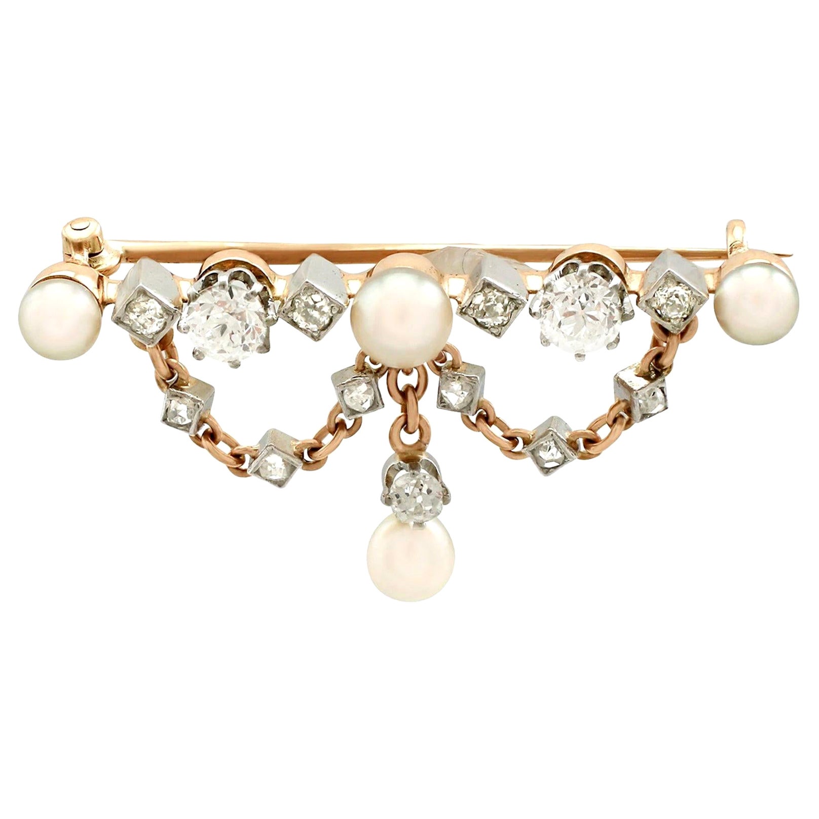 Antique Victorian Diamond and Pearl Yellow Gold Brooch