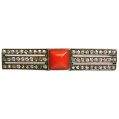 French Art Deco Brooch Paste Coral on Silver 1930S