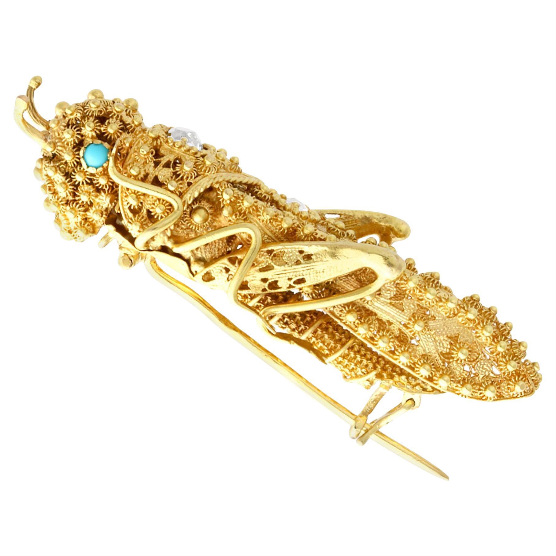 Antique French Turquoise and Diamond Yellow Gold Grasshopper Brooch For Sale
