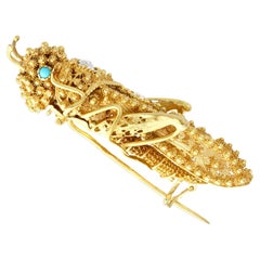 Antique French Turquoise and Diamond Yellow Gold Grasshopper Brooch