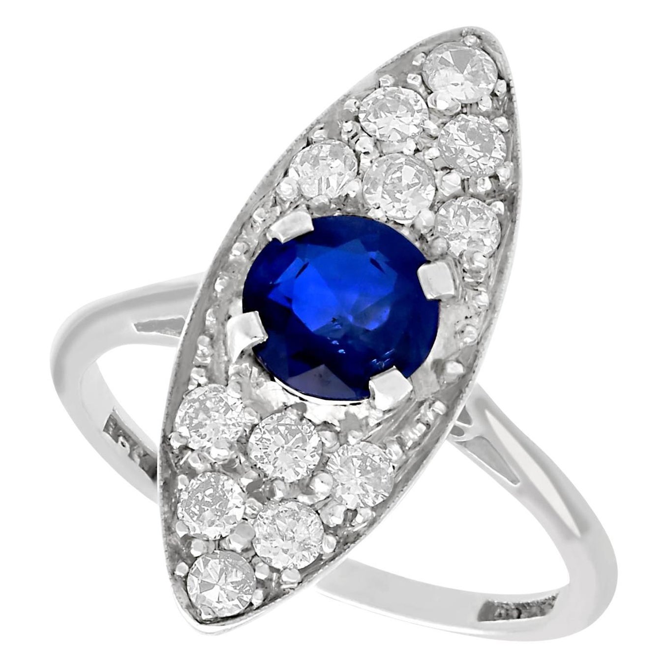 Antique 1920s 1.02 Carat Sapphire and Diamond White Gold Cocktail Ring