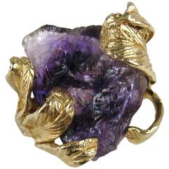 1970s Floral Organic Amethyst Gold Ring