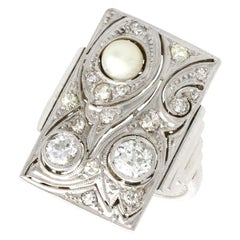 Art Deco Diamond and Pearl White Gold Cocktail Ring