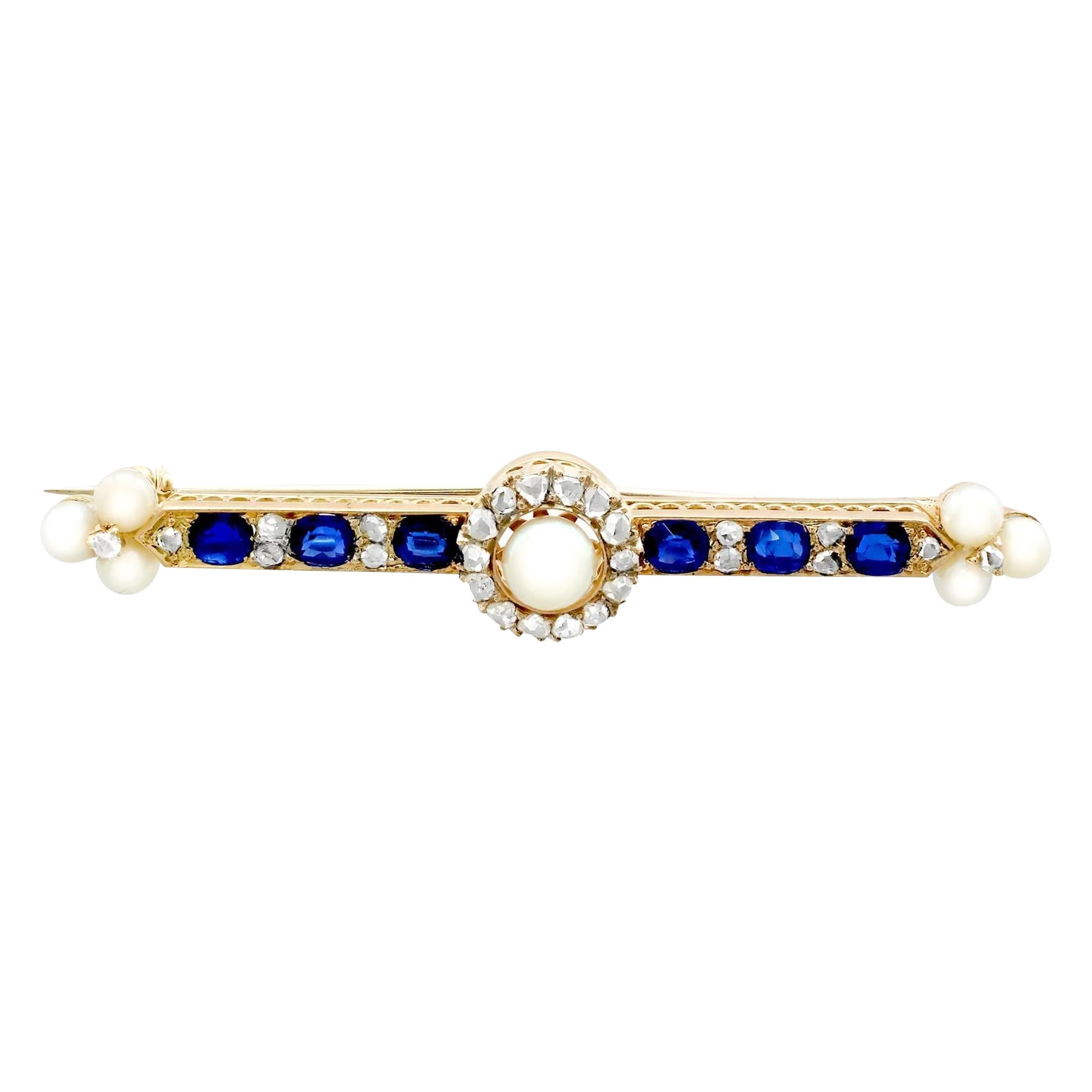 Antique Victorian Sapphire and Pearl Diamond and Yellow Gold Bar Brooch For Sale