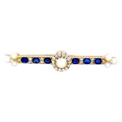 Vintage Victorian Sapphire and Pearl Diamond and Yellow Gold Bar Brooch