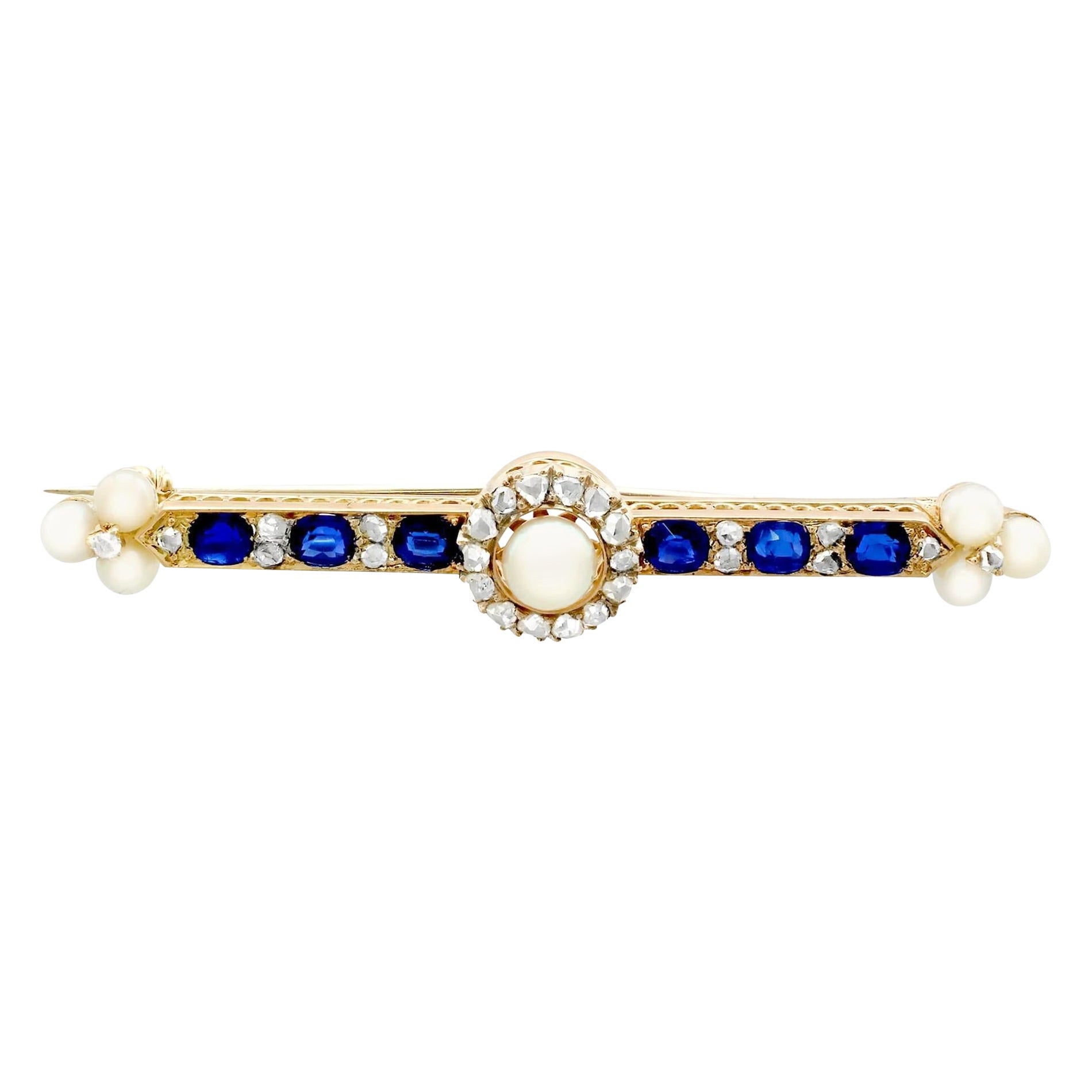 Antiguo broche victoriano de barra de zafiro y perlas, diamantes y oro amarillo