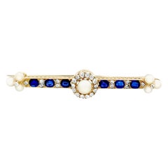 Antique Victorian Sapphire and Pearl Diamond and Yellow Gold Bar Brooch