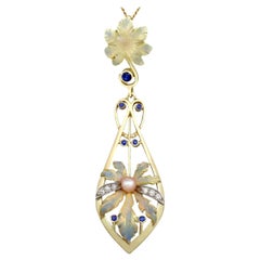 Antique Victorian Sapphire Diamond Pearl and Enamel Yellow Gold Pendant