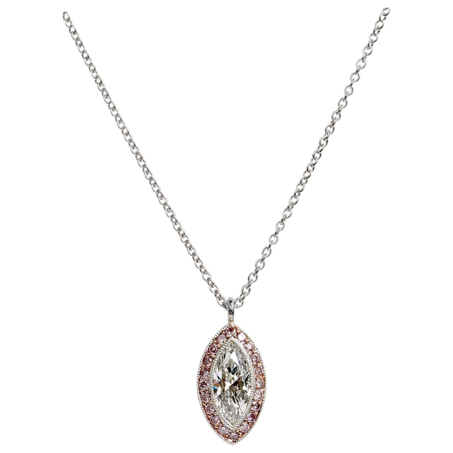 Marquise Diamond Necklace Embraced with Fancy Intense Pink Diamonds at
