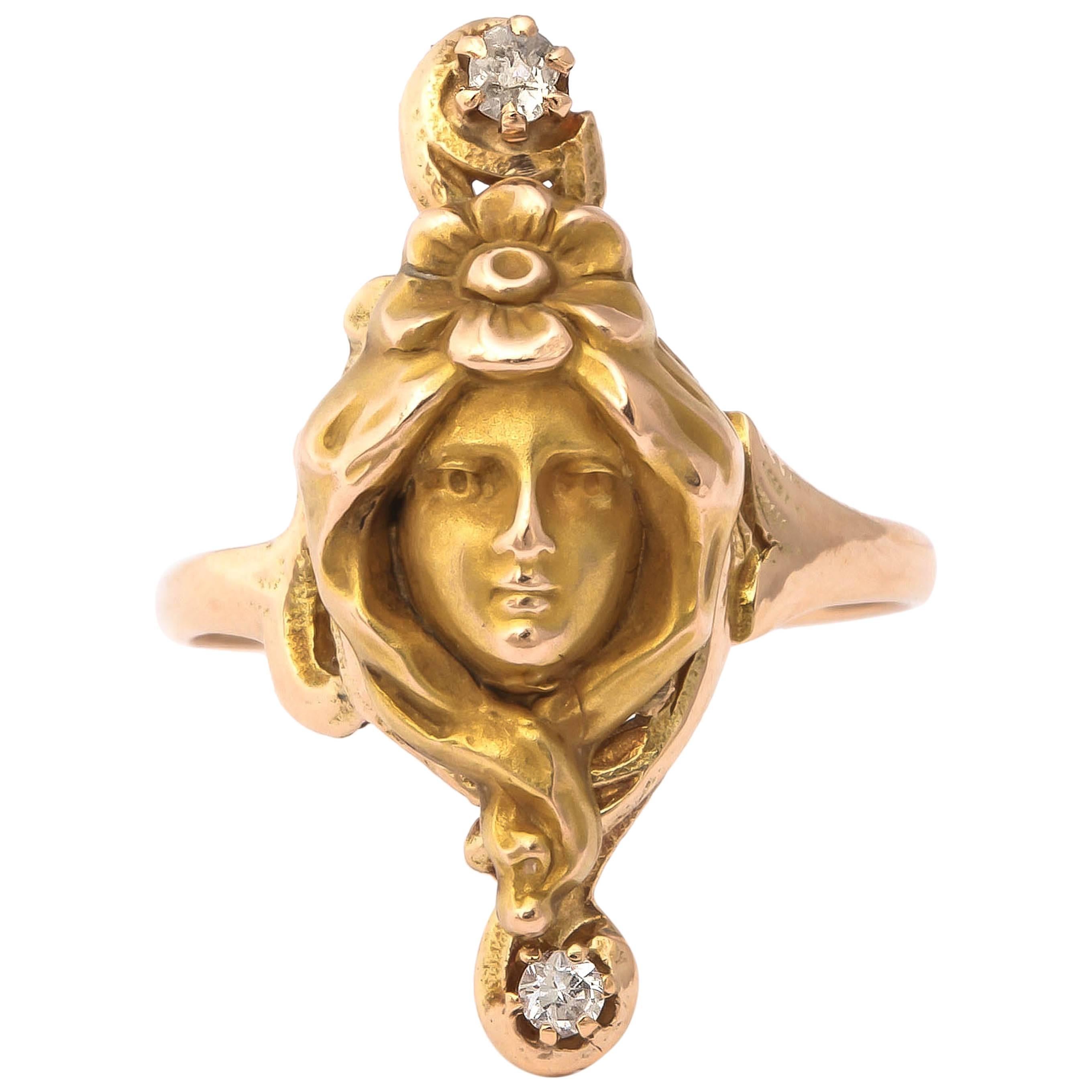  Art Nouveau Woman Diamond Gold Ring 