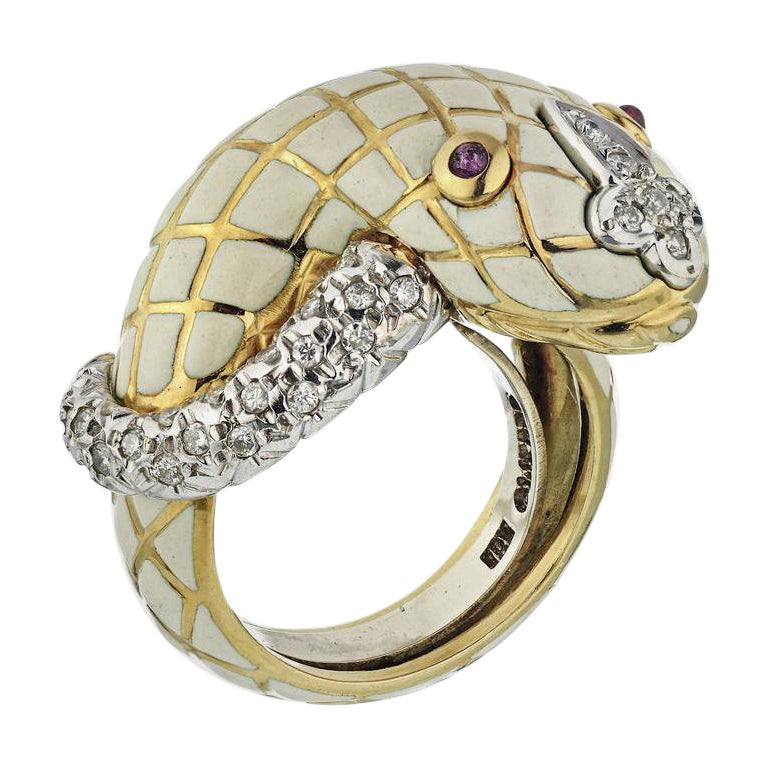 David Webb White Enamel Ruby Yellow Gold Diamond Snake Ladies Ring For Sale
