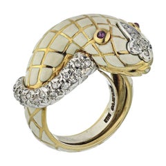 David Webb White Enamel Ruby Yellow Gold Diamond Snake Ladies Ring
