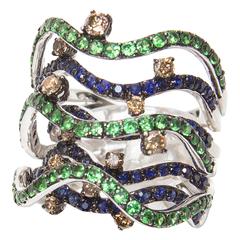 Stunning Sapphire Tsavorite Garnet Brown Diamond Gold Band Ring