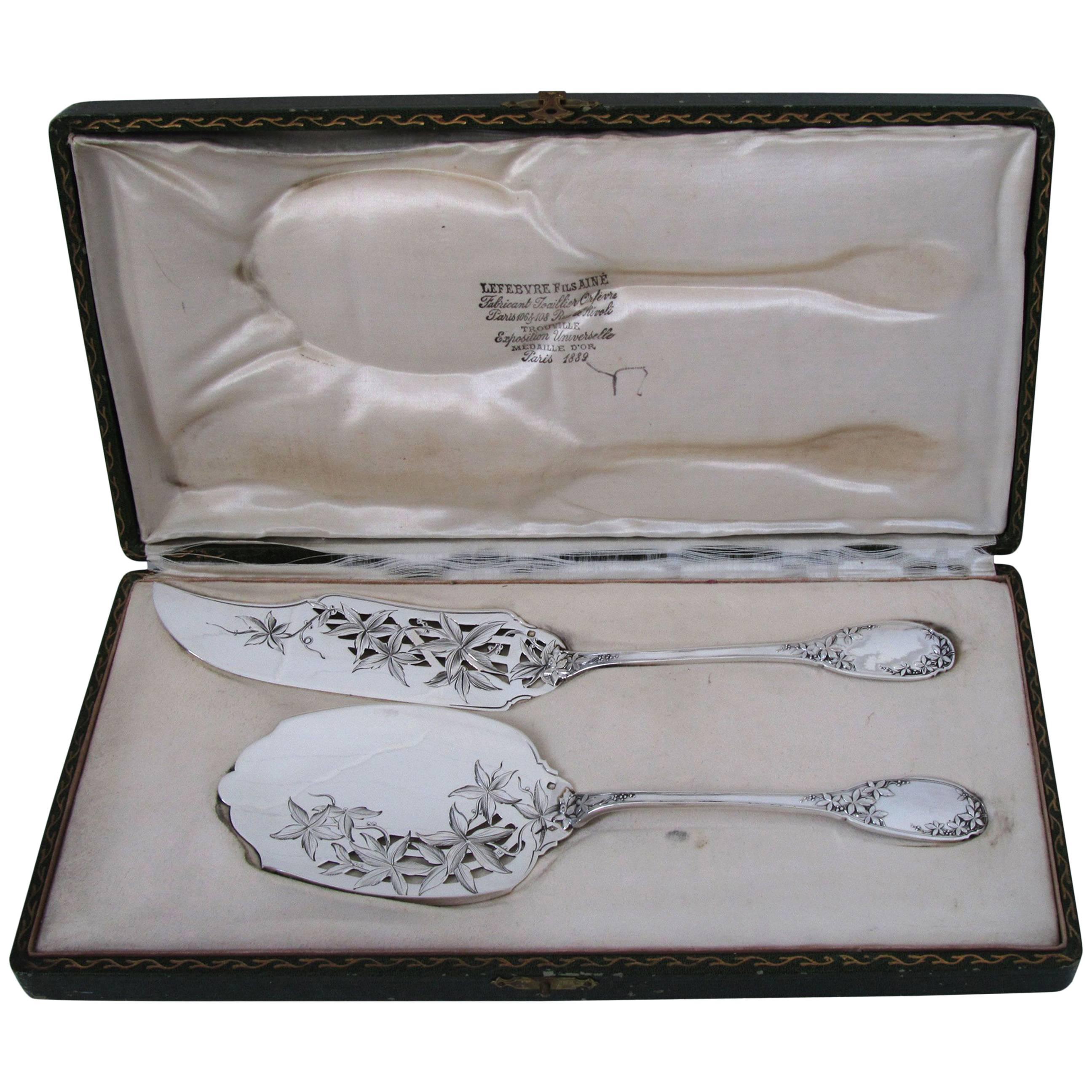 Fabulous French Sterling Silver Ice Cream Set 2 pc with box Vine Leaves pattern