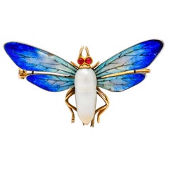 Antique Art Nouveau Enamel Baroque Pearl 14 Karat Gold Butterfly Brooch