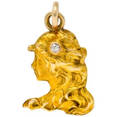 Art Nouveau Diamond 14 Karat Gold Enchanted Woman Charm