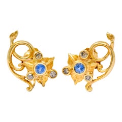 Antique Art Nouveau Sapphire Fancy Colored Diamond 14 Karat Gold Floral Ivy Earrings