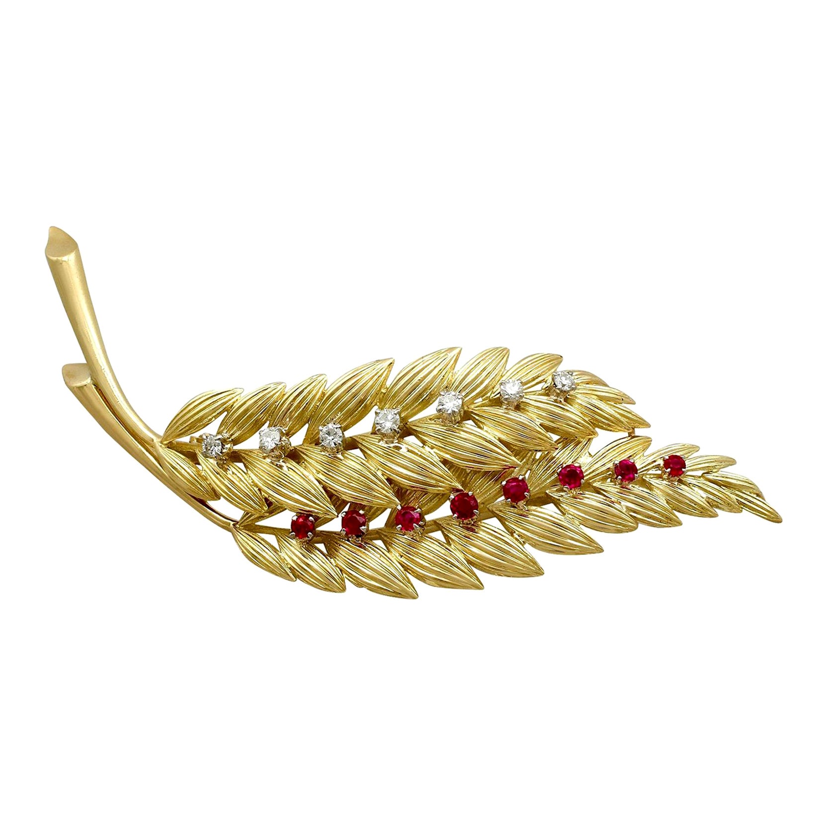 1950s Ruby and Diamond Yellow Gold Leaf Brooch
