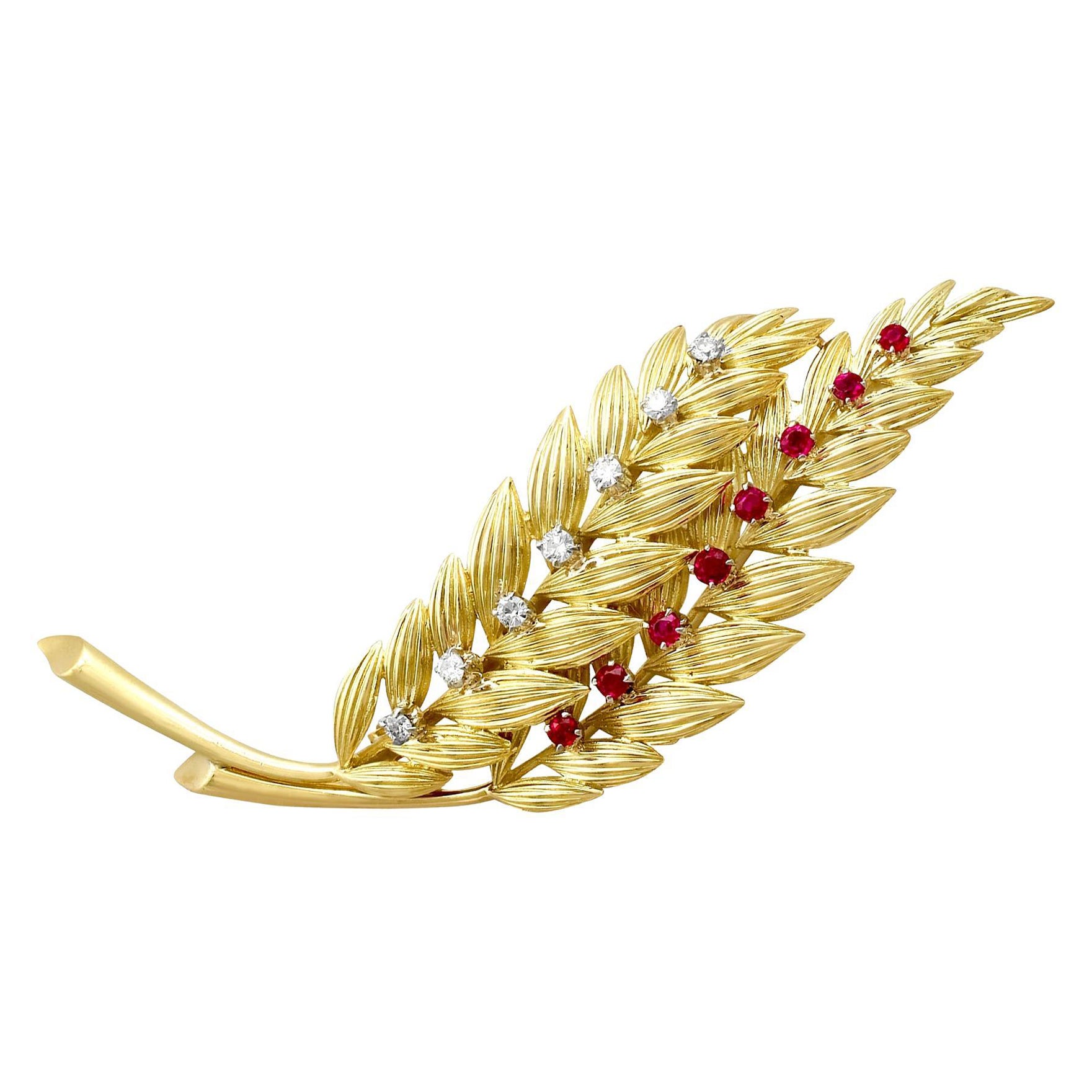 Vintage Ruby and Diamond Yellow Gold Leaf Brooch For Sale