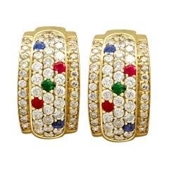 Vintage 1.96 Carat Diamond Sapphire Ruby and Emerald Yellow Gold Earrings
