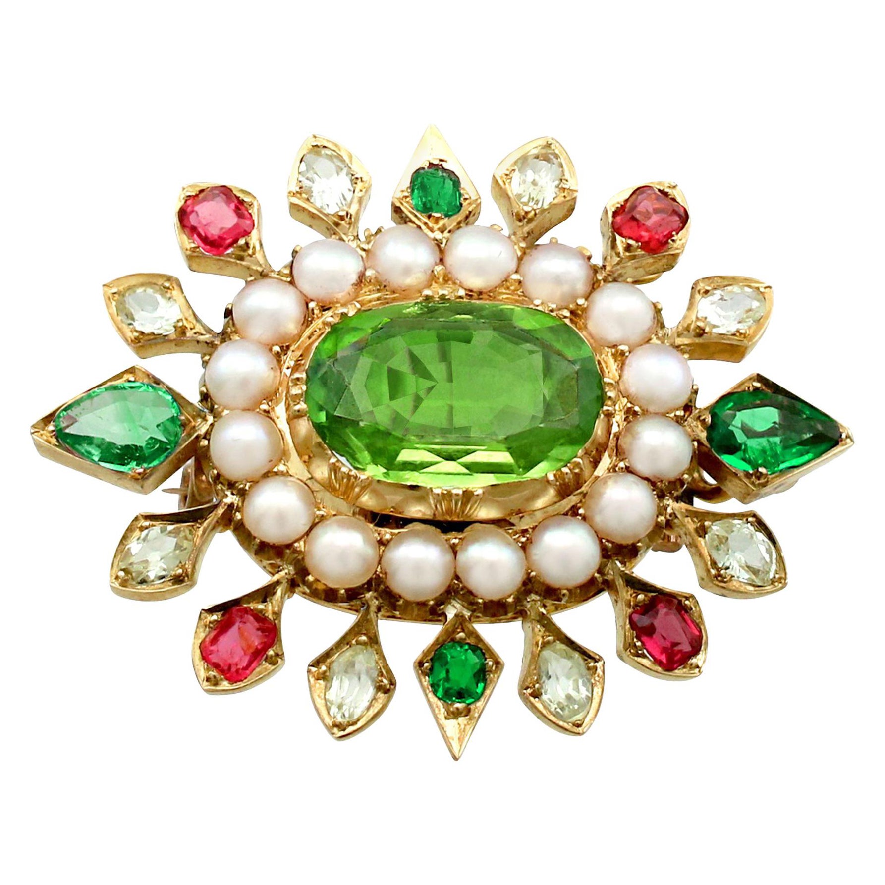 Victorian 4.35 Carat Peridot 2.56 Carat Emerald Sapphire Seed Pearl Gold Brooch For Sale