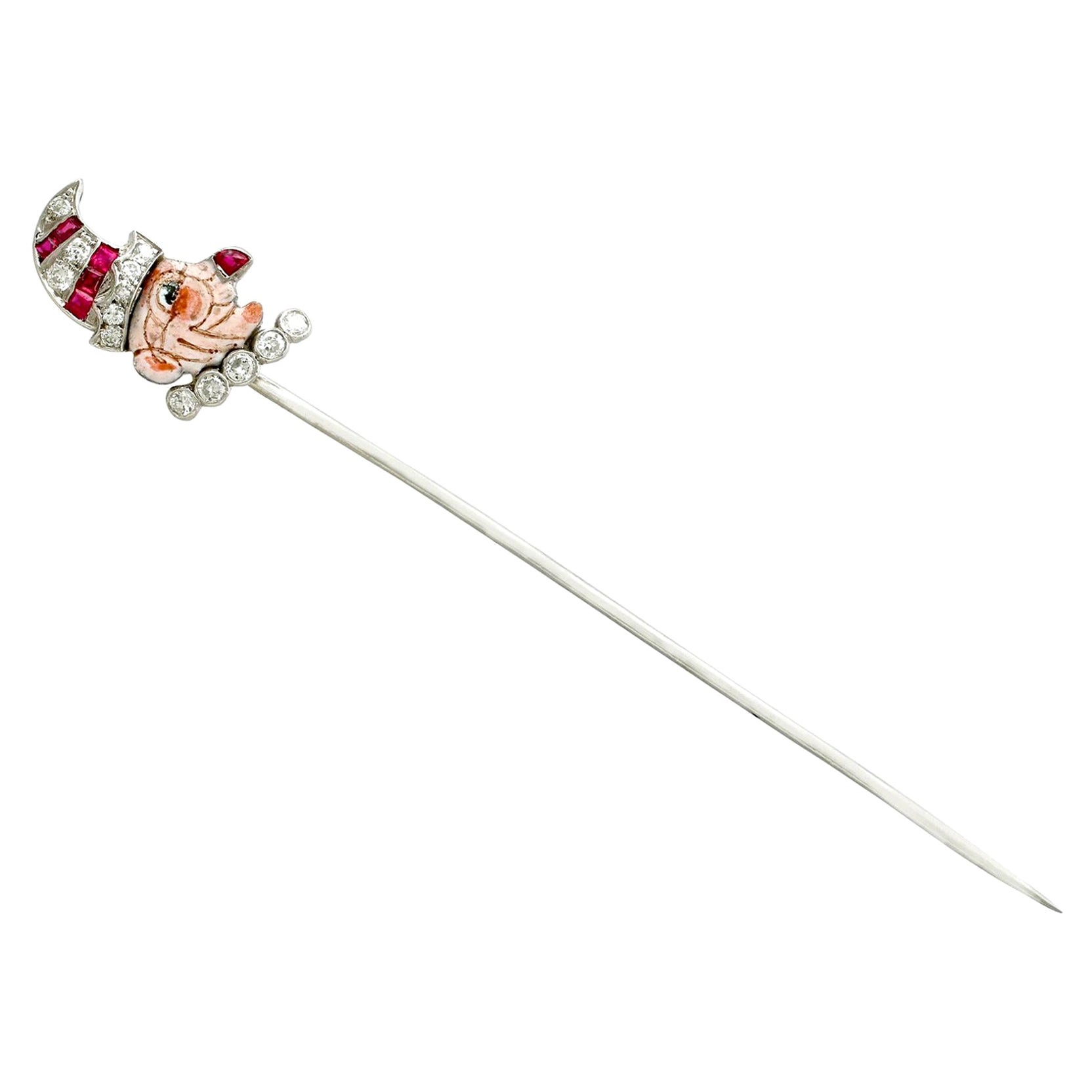 Antique Ruby and Diamond, Enamel and White Gold Mr Punch Pin Brooch
